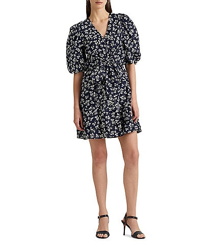 Lauren Ralph Lauren Floral Print Tie Front V-Neck Short Puff Sleeve Fit and Flare Dress