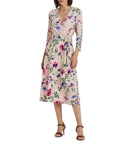 Lauren Ralph Lauren Floral Print V-Neckline 3/4 Sleeve Belted Dress
