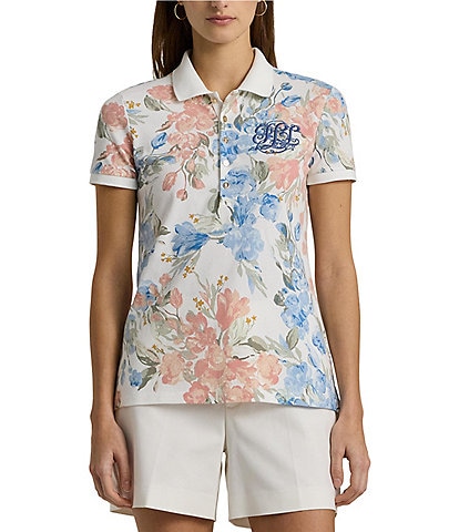 Lauren Ralph Lauren Floral Ribbed Point Collar Short Sleeve Embroidered Logo Contrast Trim Shirt