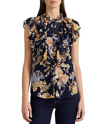 Lauren Ralph Lauren Floral Ruffle Trimmed Band Collar Sleeveless Shirt