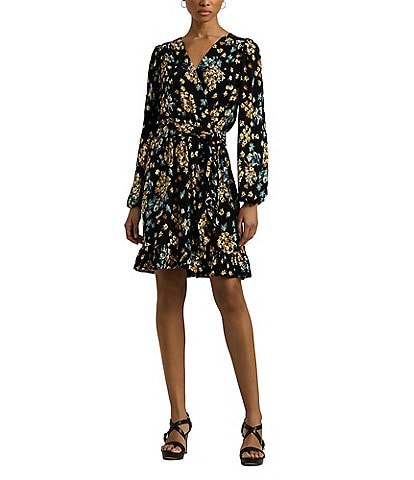 Lauren Ralph Lauren Floral Stretch Jersey Surplice V-Neck Long Sleeve Dress