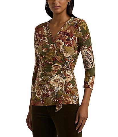 Lauren Ralph Lauren Jainab Floral Stretch Jersey Tie-Neck 3/4 Sleeve Top