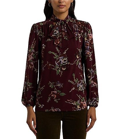 Lauren Ralph Lauren Rushbe Floral Stretch Jersey Tie-Neck Long Sleeve Top