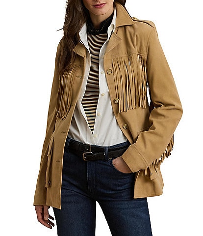 Lauren Ralph Lauren Fringe Trim Goat Suede Notch Collar Belted Jacket
