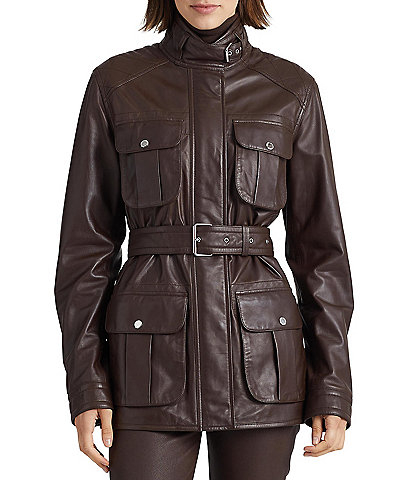 Lauren Ralph Lauren Genuine Lambskin Leather Belted Field Jacket