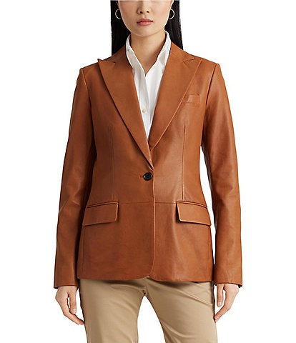Lauren Ralph Lauren Genuine Leather Peak Lapel Long Sleeve Single Button Statement Blazer