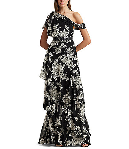 Lauren Ralph Lauren Georgette Floral Print One Shoulder Flutter Sleeve Tiered Gown
