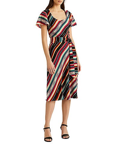 Lauren Ralph Lauren Georgette Stripe Print Scoop Neck Short Flutter Sleeve Belted Midi Dress