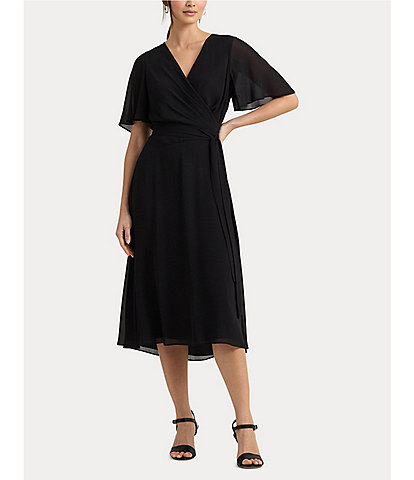 Lauren Ralph Lauren Georgette Surplice V-Neck Flutter Sleeve Self Belt Midi Dress