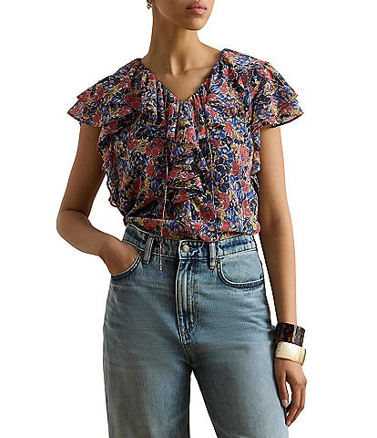 Lauren Ralph Lauren Georgette V-Neck Flutter Sleeve Blouse