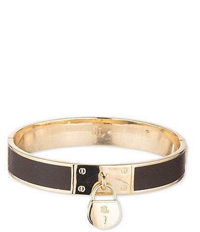 Lauren Ralph Lauren Gold Tone Dark Brown Leather Padlock Bangle Bracelet
