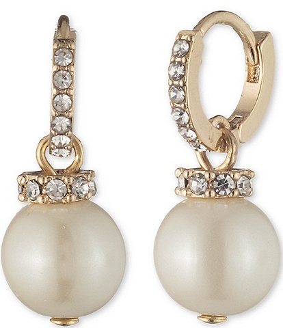 Lauren Ralph Lauren Gold Tone Pearl Crystal Pave Huggie Hoop Earrings