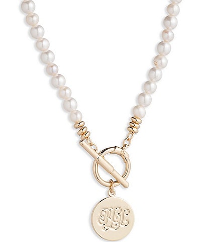 Lauren Ralph Lauren Gold Tone White Freshwater Pearl Logo Collar Necklace