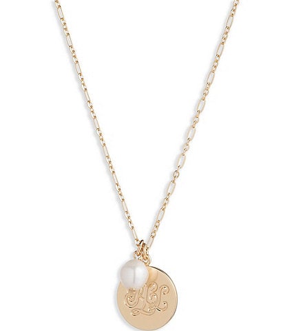 Lauren Ralph Lauren Gold Tone White Freshwater Pearl Logo Long Pendant Necklace