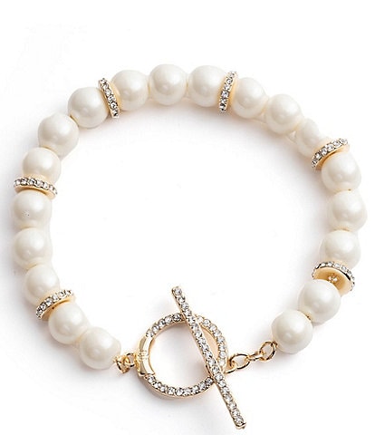 Lauren Ralph Lauren Gold Tone White Pearl Crystal Pave Flex Line Bracelet