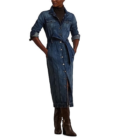 Lauren Ralph Lauren Hadell Denim Belted Long Sleeve Barrel Cuff Shirt Dress