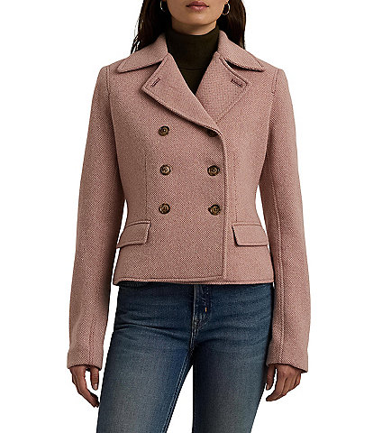 Lauren Ralph Lauren Haote Double-Breasted Wool Blend Herringbone Notch Lapel Long Sleeve Jacket