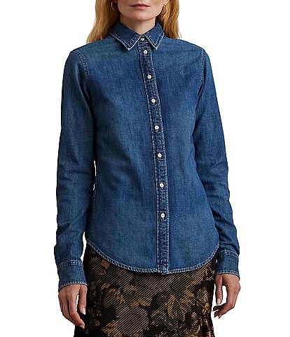 Lauren Ralph Lauren Classic Fit Denim Point Collar Long Sleeve Button Front Shirt