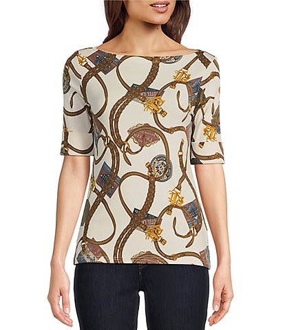 Lauren Ralph Lauren Judy Belting Print Travel Motif Stretch Knit Boat Neck Elbow Sleeve #double;LRL#double; Embroidered Tee Shirt