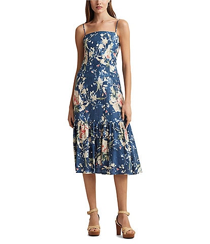 Lauren Ralph Lauren Kalismae Linen-Blend Floral Square Neck A-Line Tiered Midi Dress