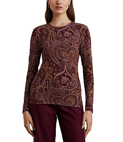 Lauren Ralph Lauren Katherine Paisley Stretch Crew Neck Long Sleeve Tee Shirt