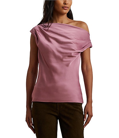 Lauren Ralph Lauren Kinthea Satin Charmeuse Asymmetrical Off-the-Shoulder Short Sleeve Blouse