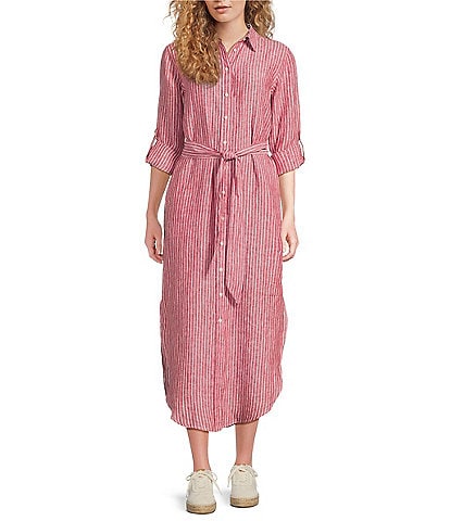 Lauren Ralph Lauren Kiredel Stripe Linen Point Collar Roll-Tab Sleeves Belted Button Front Midi Shirt Dress