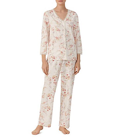Lauren Ralph Lauren Knit Floral Print 3/4 Sleeve V-Neck Button-down Ankle Pant Pajama Set