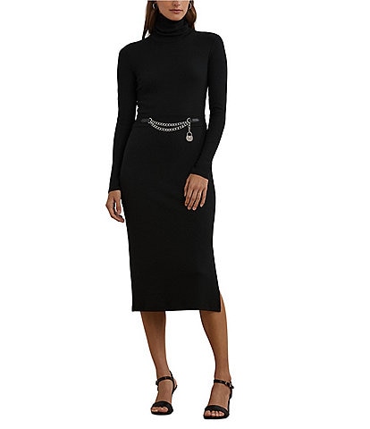 Lauren Ralph Lauren Knit Turtle Neck Long Sleeve Chain Detail Midi Dress