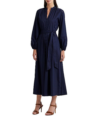 Lauren Ralph Lauren Lace Trim Belted Long Blouson Sleeve A-Line Midi Dress