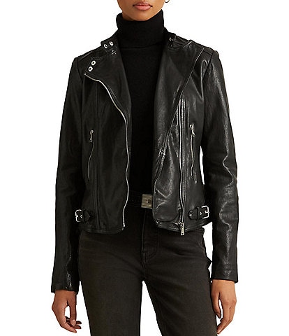Lauren Ralph Lauren Lambskin Leather Long Sleeve Moto Statement Jacket