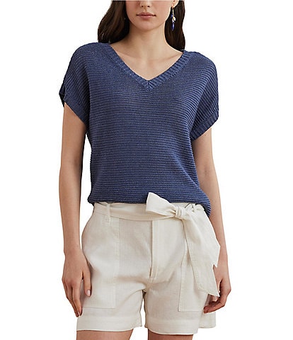 Lauren Ralph Lauren Linen Blend V-Neck Short Sleeve Sweater