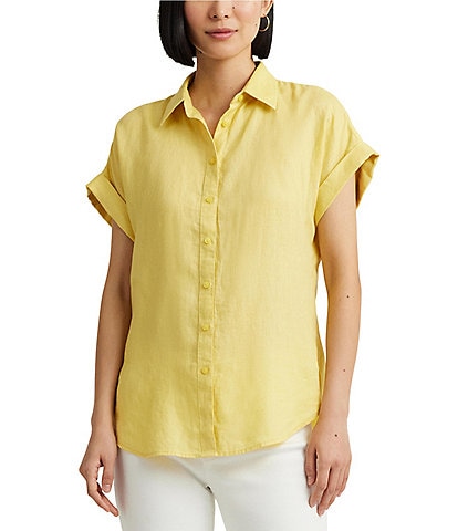 Lauren Ralph Lauren Linen Point Collar Short Dolman Sleeve Shirt