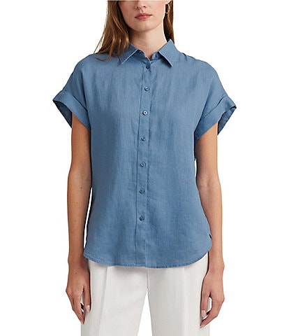 Lauren Ralph Lauren Linen Point Collar Short Dolman Sleeve Shirt