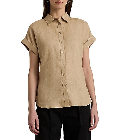 Lauren Ralph Lauren Linen Point Collar Short Dolman Sleeve Shirt