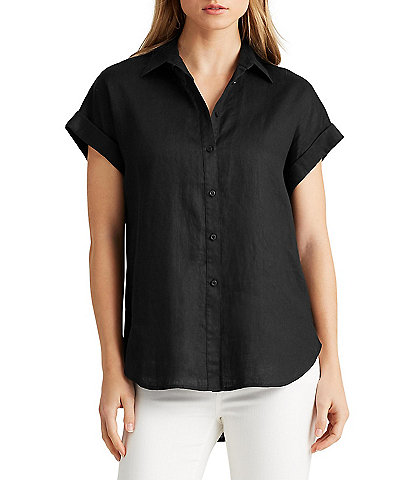 Lauren Ralph Lauren Linen Point Collar Short Dolman Sleeve Shirt