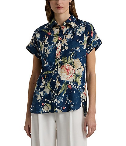 Lauren Ralph Lauren Linen Floral Motif Point Collar Short Cuffed Sleeve Button Front Shirt