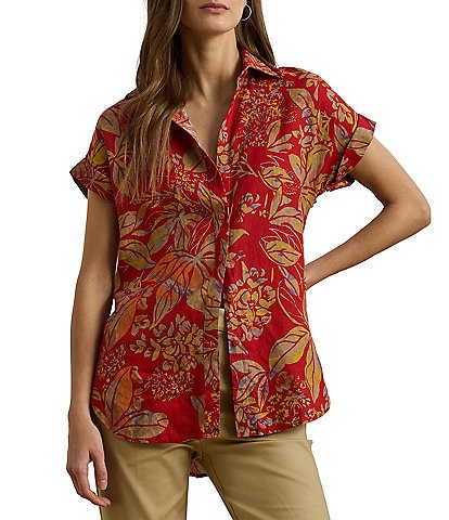 Lauren Ralph Lauren Linen Floral Point Collar Short Cuff Sleeve Shirttail Hem Button Front Shirt