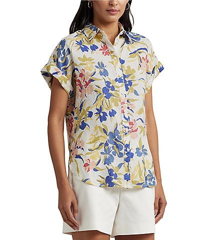 Lauren Ralph Lauren Linen Floral Print Point Collar Short Cuffed Sleeve Button Front Shirt