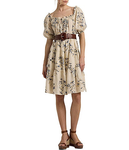 Lauren Ralph Lauren Linen Blend Floral Square Neck Short Sleeve A-Line Dress