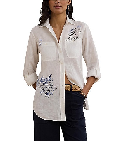 Lauren Ralph Lauren Linen Abstract Print Motif Point Collar Long Sleeve Button Front Shirt
