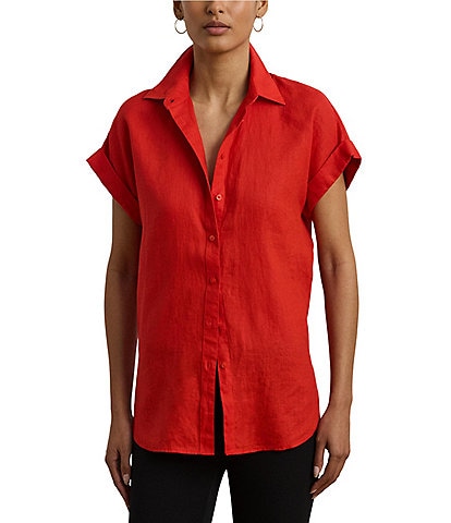 Lauren Ralph Lauren Linen Point Collar Short Rolled Cuff Sleeve Button-Front Shirt