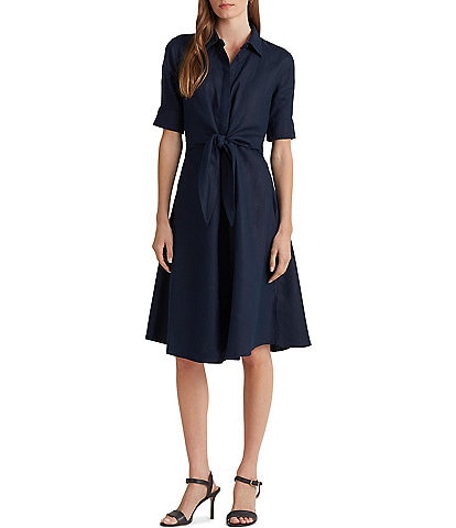 Lauren Ralph Lauren Linen Short Sleeve Button Down Self Tie Waist Shirt Dress