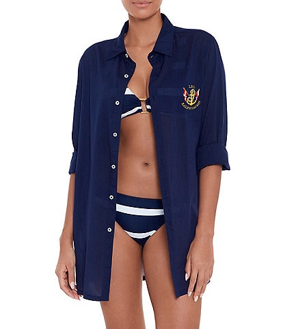 Lauren Ralph Lauren Logo Embroidered Oversized Camp Shirt Swim Cover-Up
