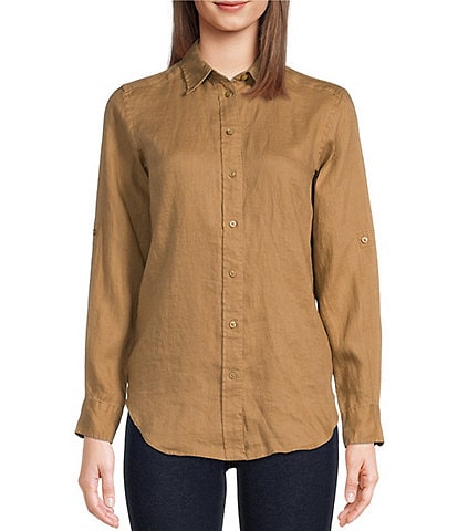 Lauren Ralph Lauren Point Collar Long Roll-Tab Sleeve Button Front Linen Shirt