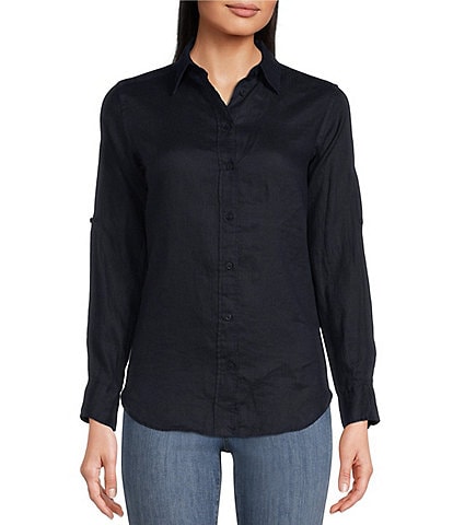 Lauren Ralph Lauren Point Collar Long Roll-Tab Sleeve Button Front Linen Shirt