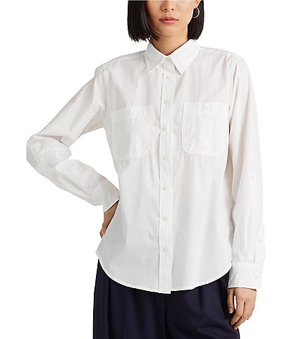 Lauren Ralph Lauren Long Roll-Tab Sleeve Button Front Cotton Shirt