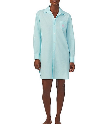 Lauren Ralph Lauren Long Sleeve Notch Collar Button-Front Woven Checkered Nightshirt