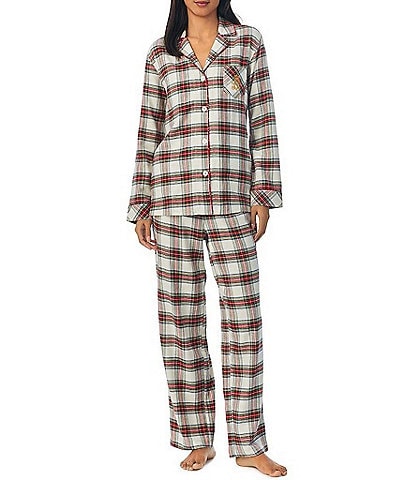 Lauren Ralph Lauren Long Sleeve Notch Collar Long Pant Brushed Twill Plaid Pajama Set
