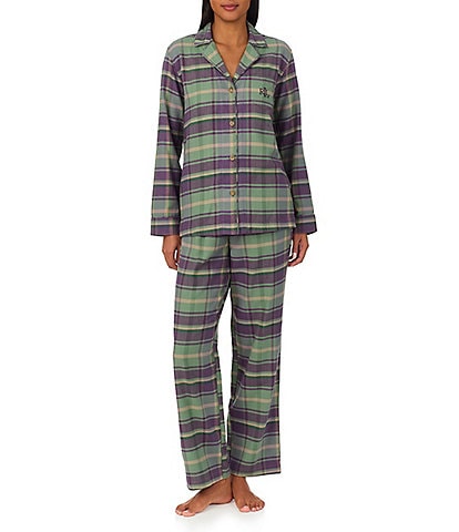 Lauren Ralph Lauren Long Sleeve Notch Collar Long Pant Twill Multi Plaid Pajama Set